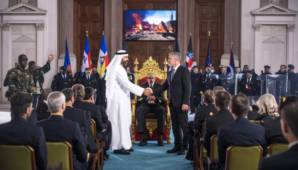 Why the Silence? Muslim Countries and the Gaza Genocide 3 Firefly A throne room in a Middle Eastern palace. A ruler in traditional attire shakes hands 792082